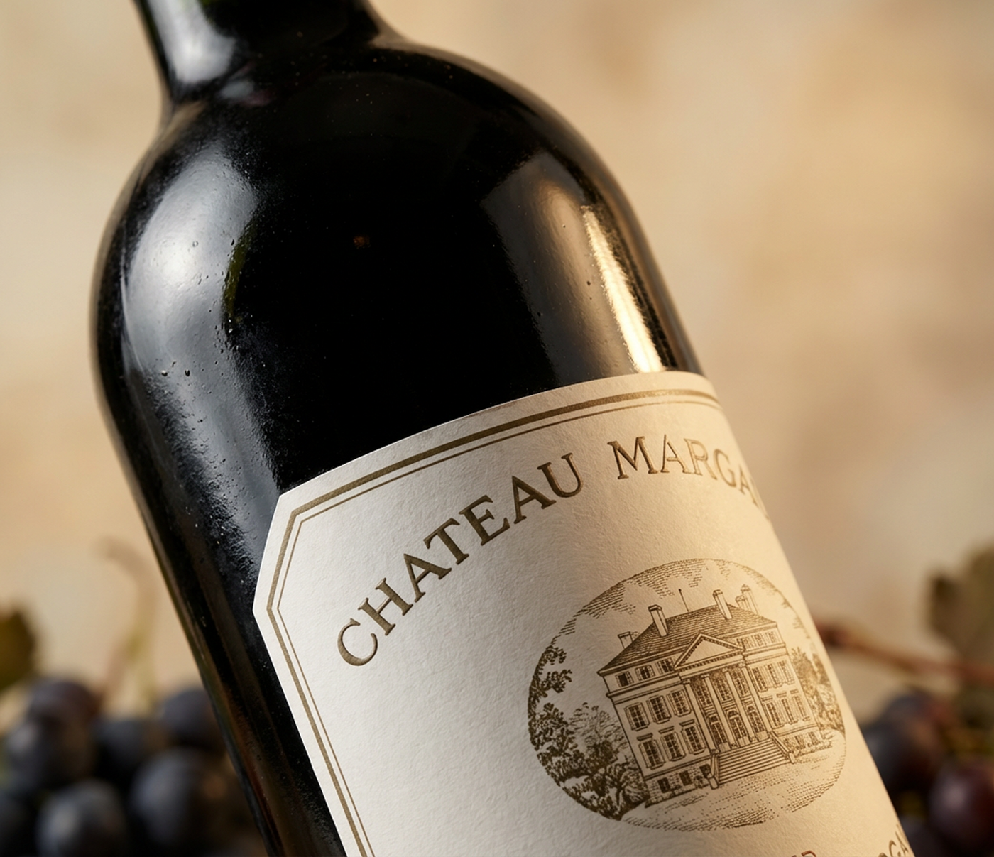 Wine bottle with 'Chateau Margaux' label surrounded by grapes