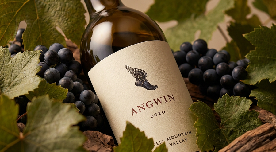Bottle of Angwin wine displayed among vineyard grapes and leaves